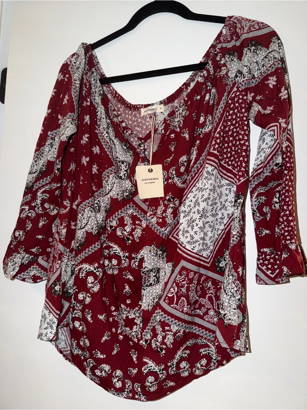 AndyTheWhy  Los Angelos Burgundy Paisley Patchwork Peasant Blouse !
